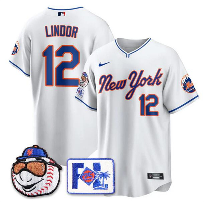 Men's New York Mets #12 Francisco Lindor White 2025 Spring Training Stitched Baseball Jersey Men's New York Mets #12 Francisco Lindor White 2025 Spring Training Stitched Baseball Jersey